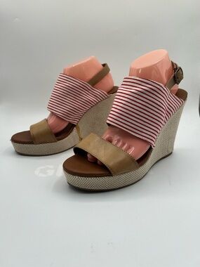 Red & White Striped Espadrille Wedge Sandals | Size 10M | Leather + Fabric